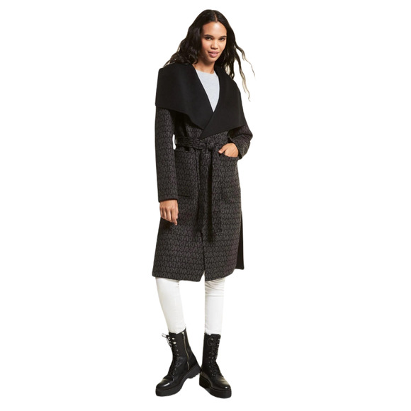 Michael Kors Wool Blend Logo Jacquard Wrap Belted Coat Black XXS/XS/S/M $425 Nwt - Picture 1 of 2